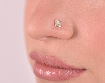 14K Gold Indian Nose Stud, Tiny Tribal Nose Stud, Solid Gold Nose Stud, Unique Square Nose Stud, L Shape Stud, Nose Piercing
