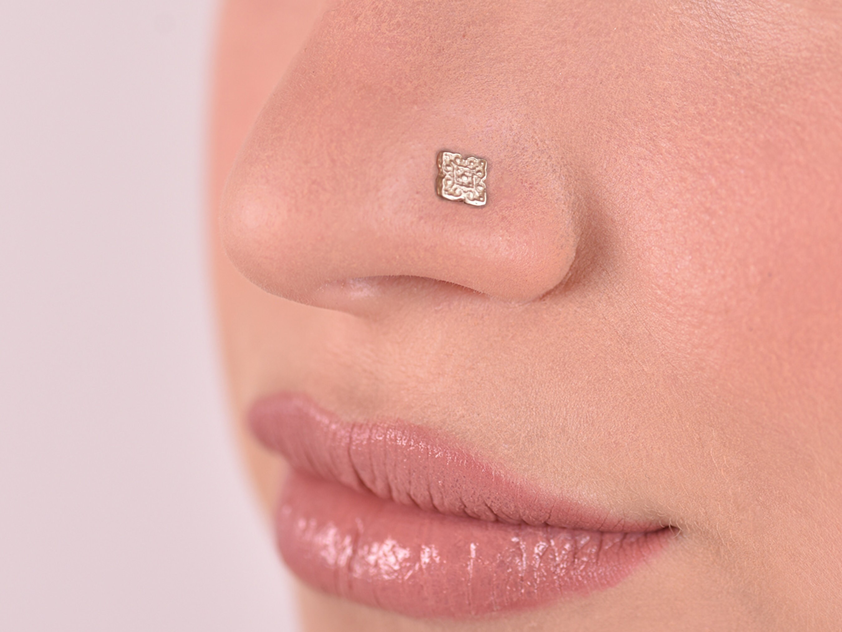 14K Gold Indian Nose Stud, Tiny Tribal Nose Stud, Solid Gold Nose Stud, Unique Square Nose Stud, L Shape Stud, Nose Piercing