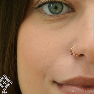 Tiny nose ring hoop, Opal nose piercing, SOLID GOLD nose hoop, Fire opal nose hoop, White opal nose ring, Beaded nose hoop, Small nose ring
