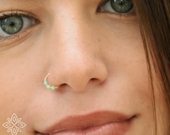 Tiny nose ring hoop, SOLID GOLD, Opal nose piercing, Blue opal nose hoop, White opal nose ring, Thin nose hoop,nose ring, Opal nose ring 8mm