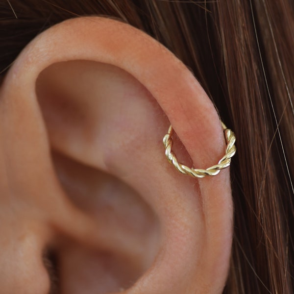 Gold Helix Hoop, 14k Gold Snug Fit Helix, Solid Gold Tragus Piercing, Helix Earrings, Bohemian Gold Hoop, Pierced Ear, Tiny Helix Earring