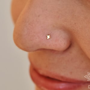 May include: A close-up of a person's nose with a small gold star-shaped nose ring piercing.