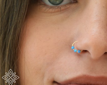 Blue opal nose hoop, Gold opal nose ring, Nose piercing, Thin nose ring hoop, Thin nose earring, 24 gauge thin nose hoop, Solid gold ring