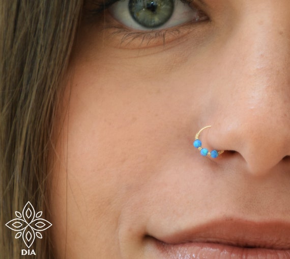 14kt Gold Nose Ring Gold Nose Stud Opal Crescent Moon and Star 