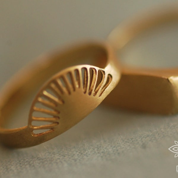 Anillo de oro macizo de 14k con diseño de sol - Anillo apilable hecho a mano con diseño de amanecer