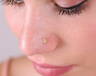 Moon Stud, 14K Gold Nose Screw, 14K Gold Moon Nose Stud, Helix Stud, Tiny Nose Stud, Moon Jewelry, Cartilage Earring, Minimalist Earrings