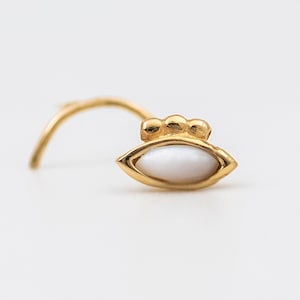 Gold Nose Stud, 14k GOLD Indian Nose Stud, Tiny Nose Stud, SOLID gold Nose Stud, L Shape, Evil Eye Jewelry, Pearl nose stud