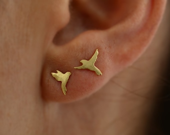 14K Solid Gold Small Bird Stud Earrings Sparrow Stud Earrings children earrings, silver stud earrings, teeny tiny studs, animal earrings