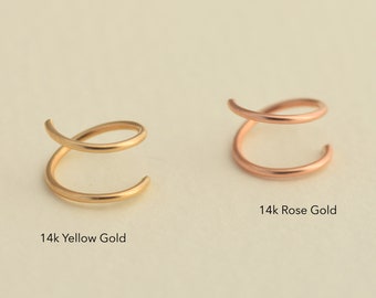 Double Nose Ring, 14k Gold Nose Ring for Single Piercing, Yellow Solid 14k Gold Rose Hoop, Snug Nose Ring, Tiny Nose Ring, Cartilage hoop