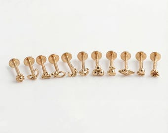 Internally Threaded Labret, Solid Gold Flat Back Earring, 14k Tragus Stud, Helix Stud, Cartilage, Nose Flat Back Jewelry