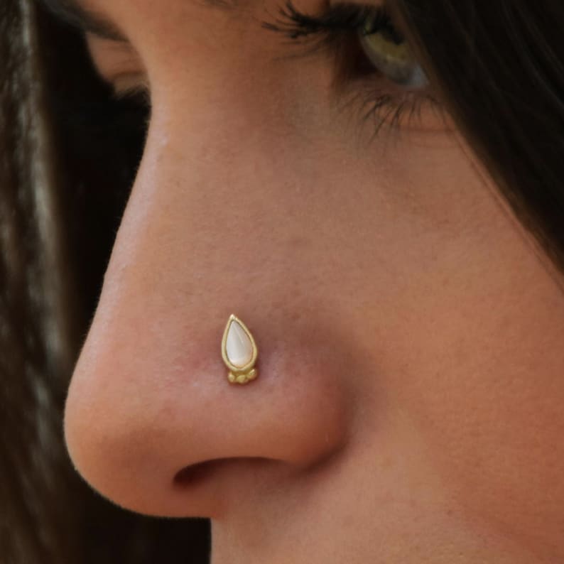 Pearl Nose Stud 14k GOLD Nose Screw Earring Bone Boho Drop Etsy