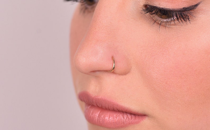 Moon Nose Hoop, Asymmetric Gold Nose Hoop, 14k Gold Piercing, Nose Rings, Rock, Helix Hoop, Cartilage Ring, Tragus Piercing image 1