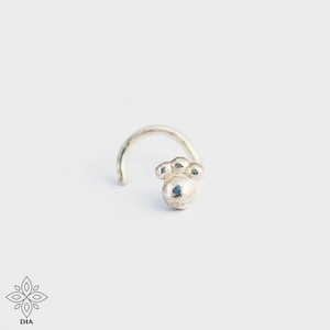 May include: A silver nose ring with a small, round, three-dimensional design that resembles a paw print.