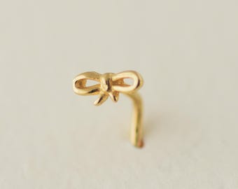 14k Gold Bow Nose Stud, Dainty Solid Gold Nose Ring, Minimalist Bow Piercing, Cartilage or Nostril Stud,  Handmade Gold Nose Jewelry