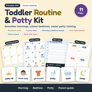 Horario visual y tabla para ir al baño para niños pequeños, tarjetas de rutina imprimibles, rutina matutina y para ir a dormir, tablero "Primero, luego", retraso del habla