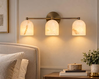 3-Light Brass Wall Sconce, Alabaster Shades, Modern Luxury Vanity Lighting