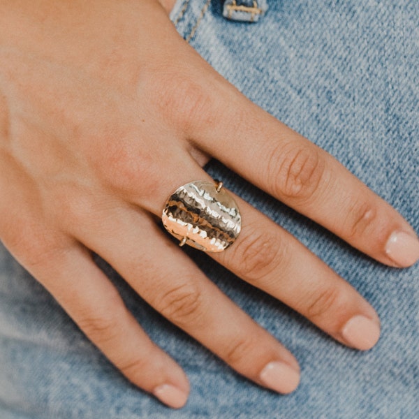 Gold Hammered Ring - Large Gold Disc - Circle Ring