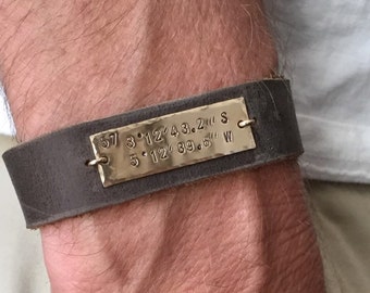 Mens Gift Personalized Leather Bracelet Leather Cuff Latitude Longitude GPS Coordinates