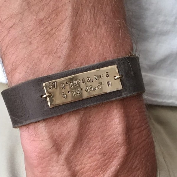 Mens Gift Personalized Leather Bracelet Leather Cuff Latitude Longitude GPS Coordinates