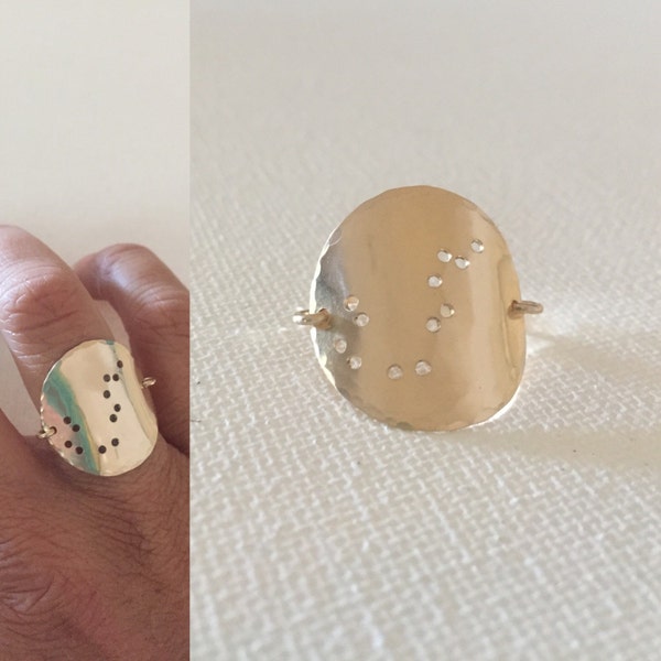 Zodiac Constellation Ring - Gold Hammered Ring - Large Gold Disc - Circle Ring