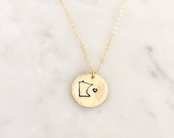 Minnesota Love Necklace, Stamped, Disk Necklace, MN Necklace