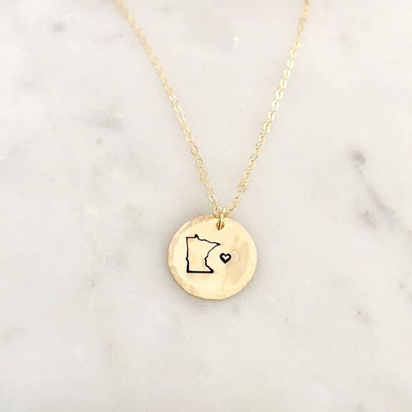 Minnesota Love Necklace, Stamped, Disk Necklace, MN Necklace