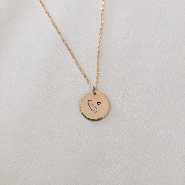 California Love Necklace, Stamped, Disk Necklace, CA Necklace