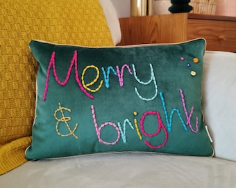 Merry and Bright Embroidered Velvet Christmas Cushion