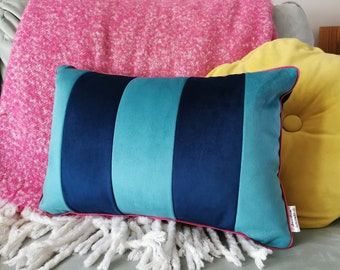 Striped Blue Velvet Cushion