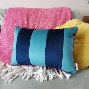 Striped Blue Velvet Cushion image 1