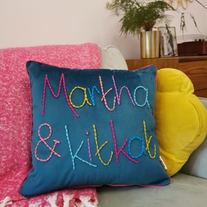 Personalised Colourful Embroidered Velvet Cushion image 1