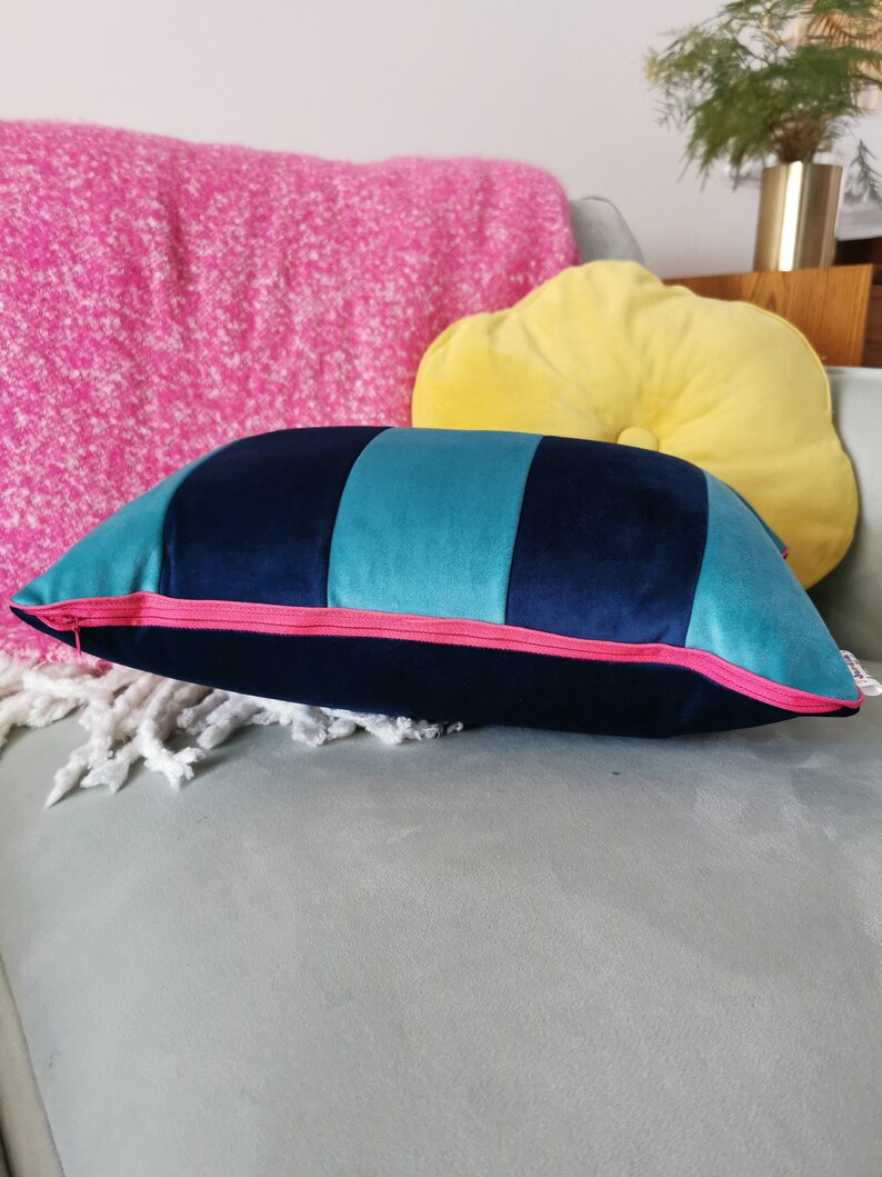 Striped Blue Velvet Cushion image 3