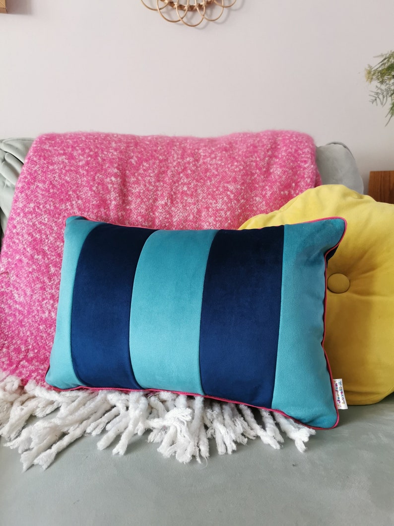 Striped Blue Velvet Cushion image 1