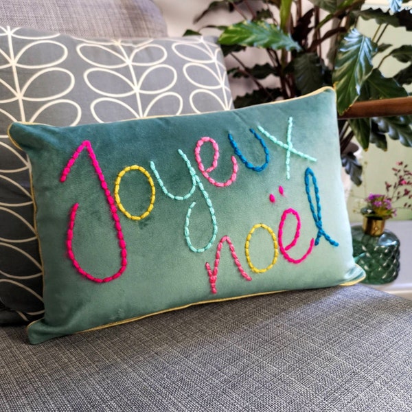 Joyeux Noel Embroidered Colourful Velvet Christmas Cushion