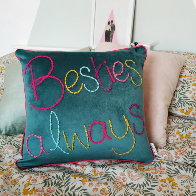 Personalised Colourful Embroidered Velvet Cushion teal