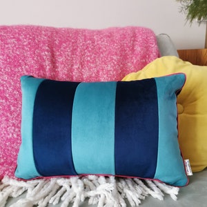 Striped Blue Velvet Cushion image 2