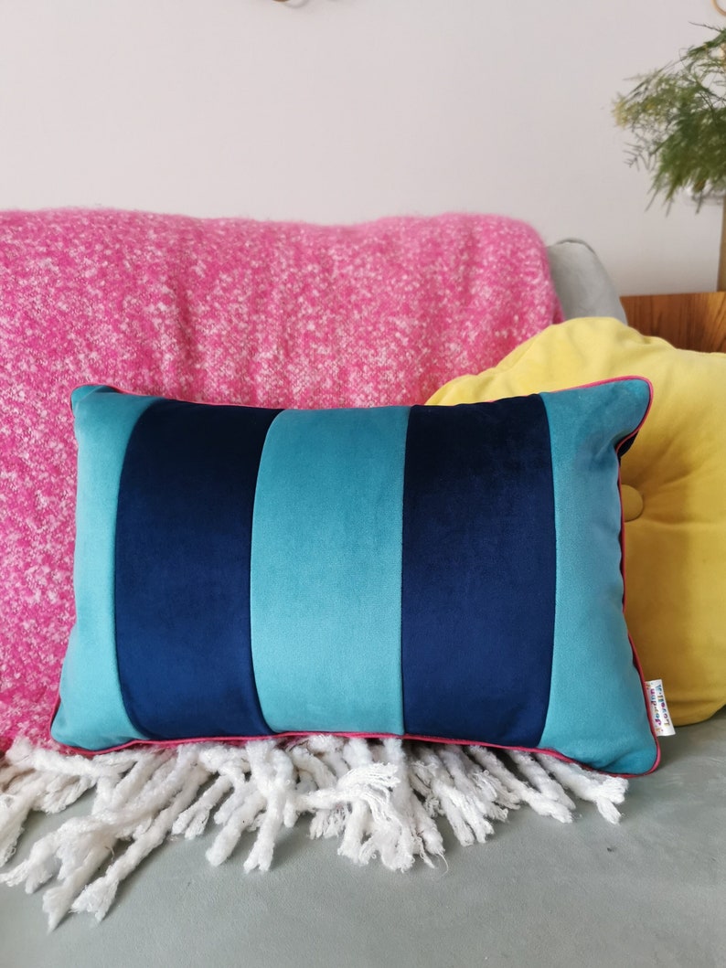 Striped Blue Velvet Cushion image 2