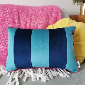 Striped Blue Velvet Cushion image 5