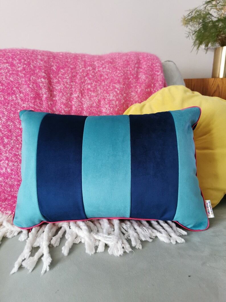 Striped Blue Velvet Cushion image 5