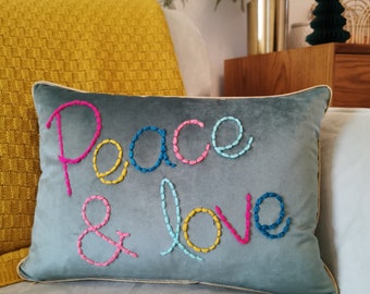 Peace & Love Embroidered Velvet Cushion