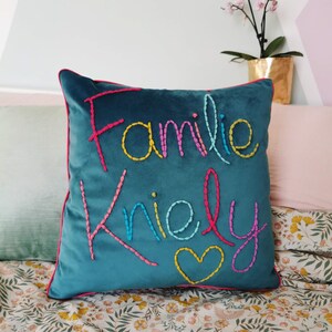 Personalised Colourful Embroidered Velvet Cushion image 4