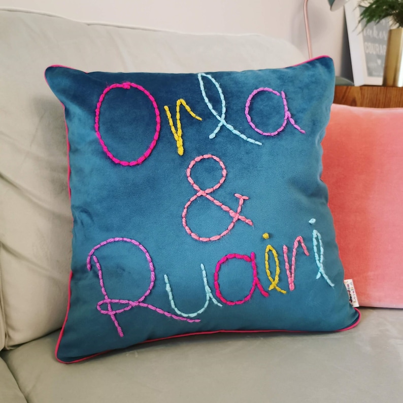 Personalised Colourful Embroidered Velvet Cushion image 6