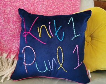 Knit One Purl One Embroidered Velvet Cushion