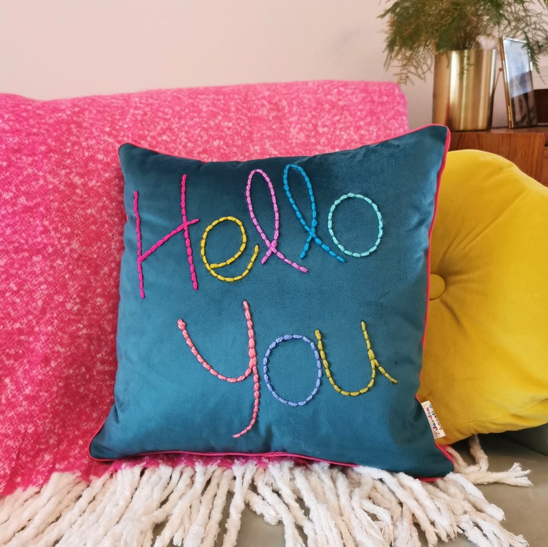 Personalised Colourful Embroidered Velvet Cushion image 8