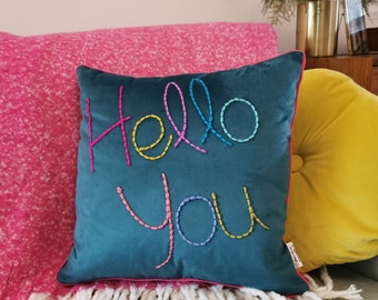 Hello You Embroidered Velvet Cushion