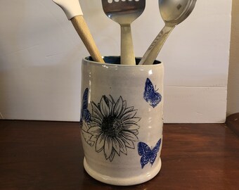 Handmade Utensil Holder Crock Sunflowers and Butterflies