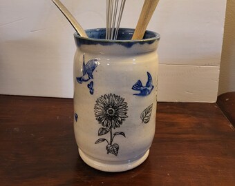 Handmade Ceramic Vase or Utensil Crock Sunflowers and Birds