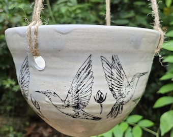Hanging Planter Hummingbirds and Flower Buds Handmade and Unique