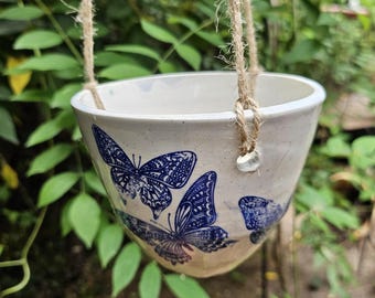 Small Ceramic Hanging Planter Blue Butterflies Handmade and Unique