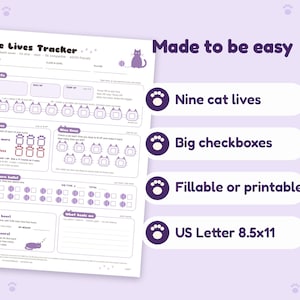 Nine Lives HP Tracker 5e Compatible | ADHD Friendly Cozy Cat Death Save & Hit Dice Tracker | Fillable PDF, Printable